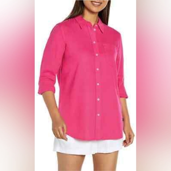GAP Women's Linen Button Down Top Size S  Beetroot Pink Long Sleeve NWT‎ - Picture 1 of 10